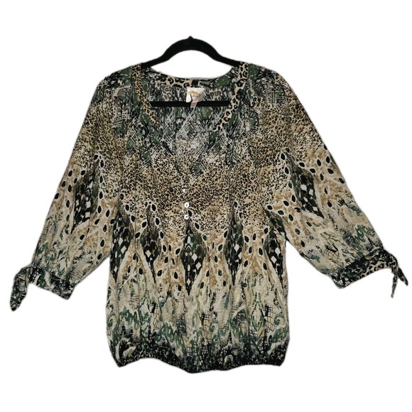 fig and flower Tops - Fig & Flower Animal Print Blouse Women's XL 3/4 Sleeve Bubble Hem Anthropologie